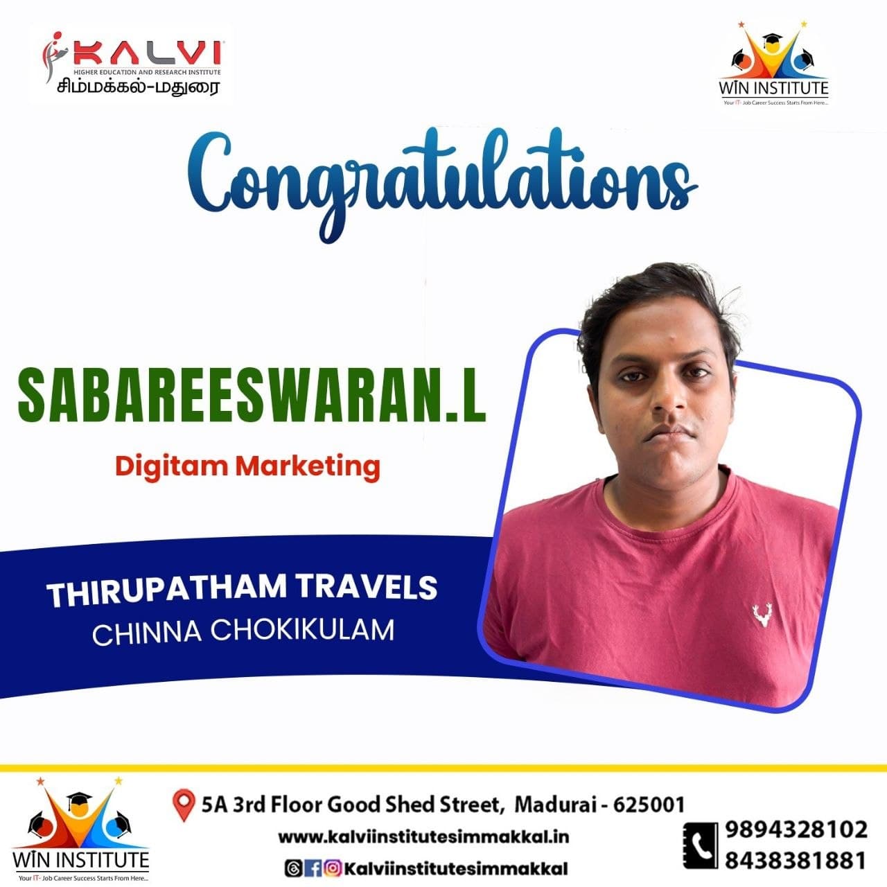 Congratulations poster from Kalvi Institute Simmakkal: Digital Marketing student placed at Thirupatham Travels, Chinna Chokkikulam, Madurai