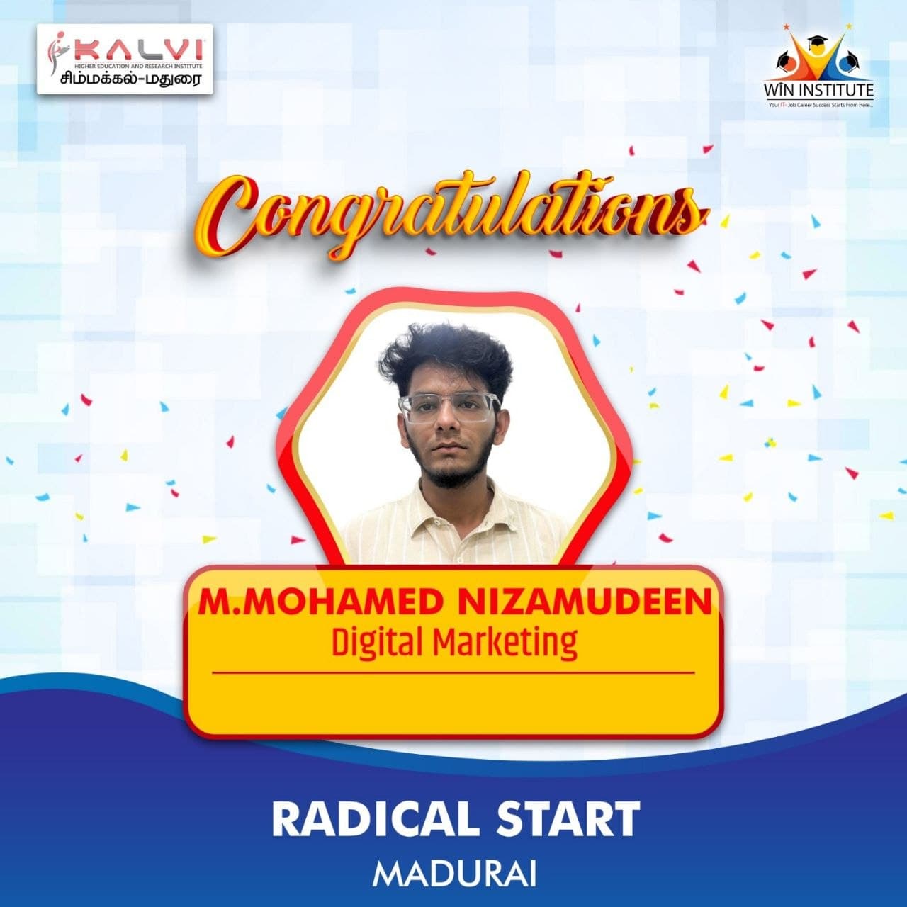 Congratulations poster from Kalvi Institute Simmakkal: Digital Marketing student placed at Radical Start, Madurai