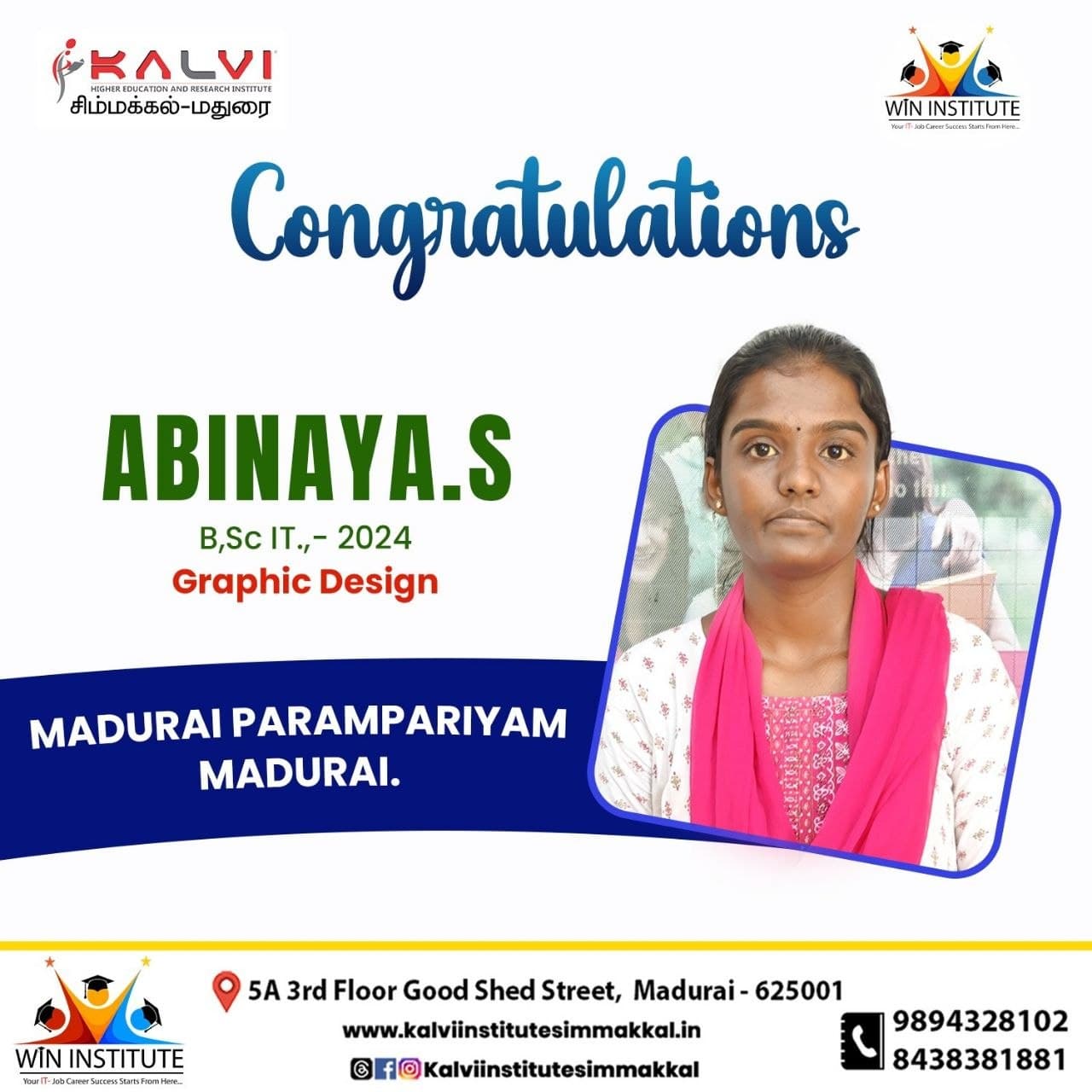 Congratulations poster from Kalvi Institute Simmakkal: Graphic Design student placed at Madurai Parampariyam, Madurai