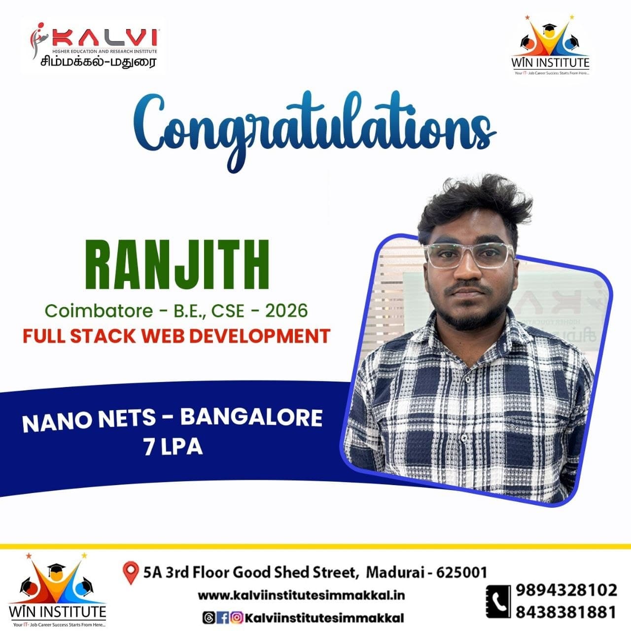 Congratulations poster from Kalvi Institute Simmakkal: Full Stack Web Development student placed at Nano Nets, Bangalore